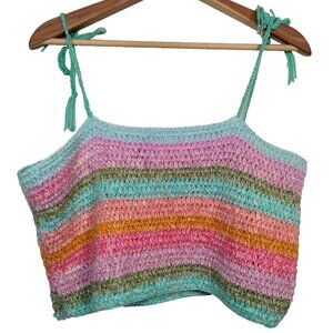 Homemade Crochet Tube Top L/XL Rainbow Pastel Gold Metallic Glitter Tie Cropped